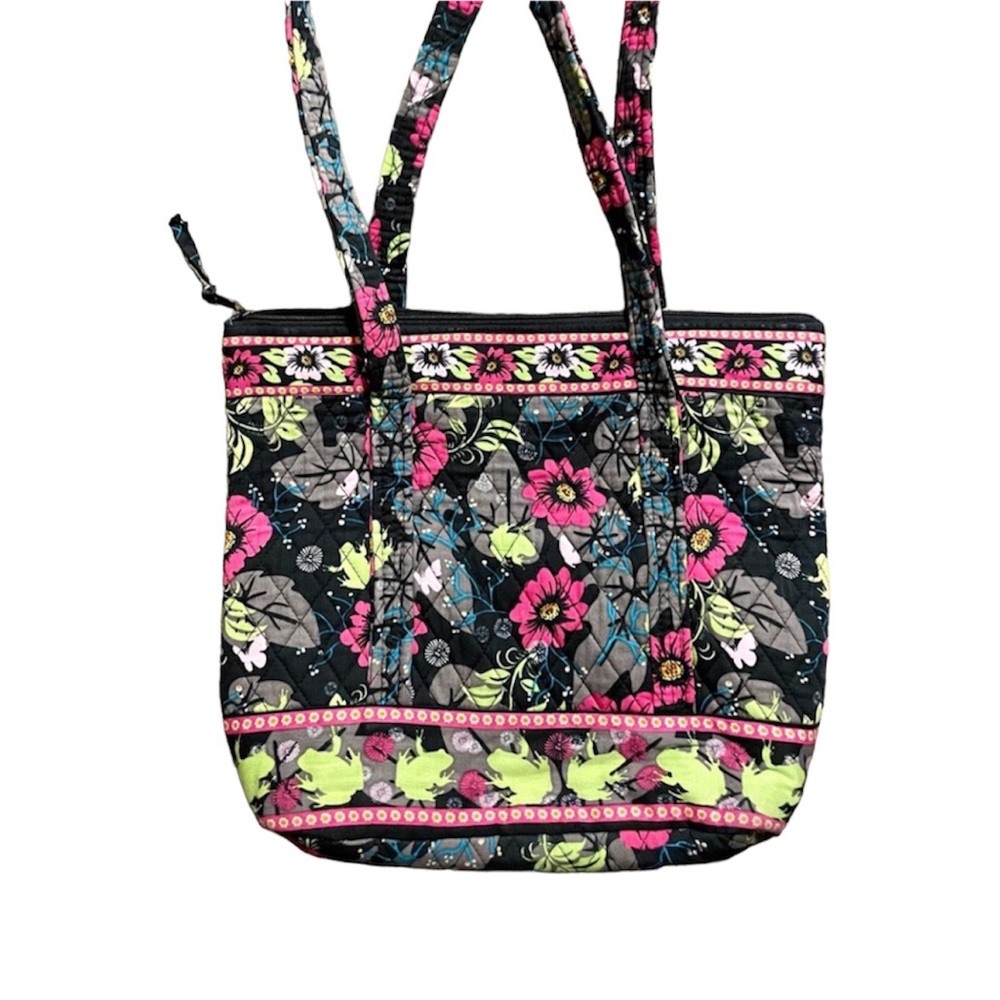 Black Floral Fabric Handbag featuring Subtle Pink Butterflies and Green Frogs